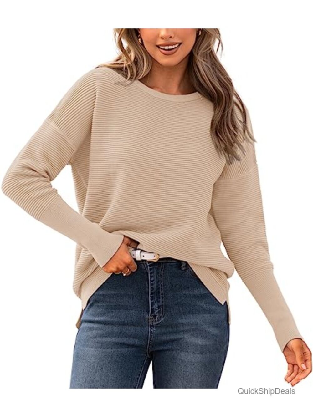 Ribbed Knit Women's Loose Fit Crew Neck Pullover Sweater Long Sleeve Casual